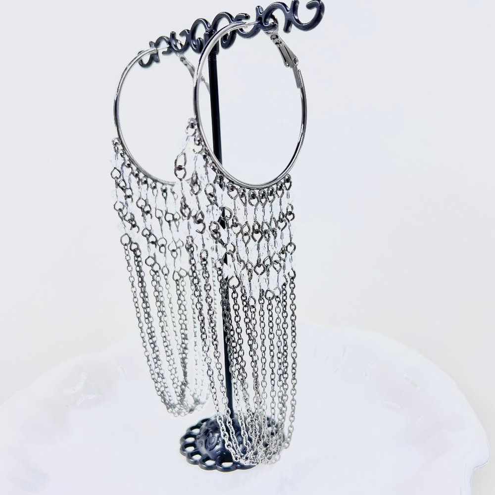 NWT - Catherine Stein - Large Gunmetal Tone Beaded Chain Dangle Hoop Earrings - Picture 2 of 6